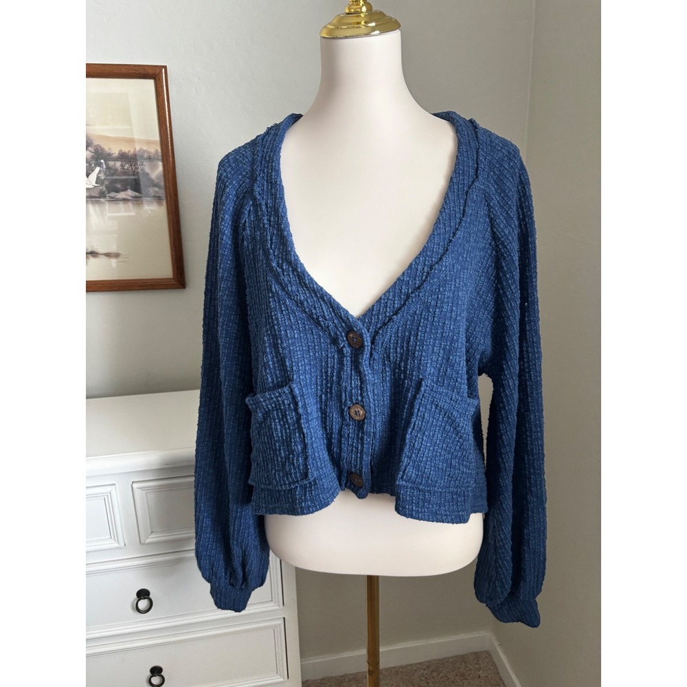 Free People FP Beach Blue Waffle Knit Cropped Cardigan Sweater Small S